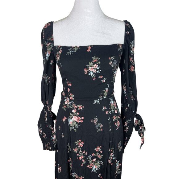 Reformation Aubrey Black Floral Print Midi Dress Tied Cuff Sleeves Slit Size 0 - Picture 7 of 10